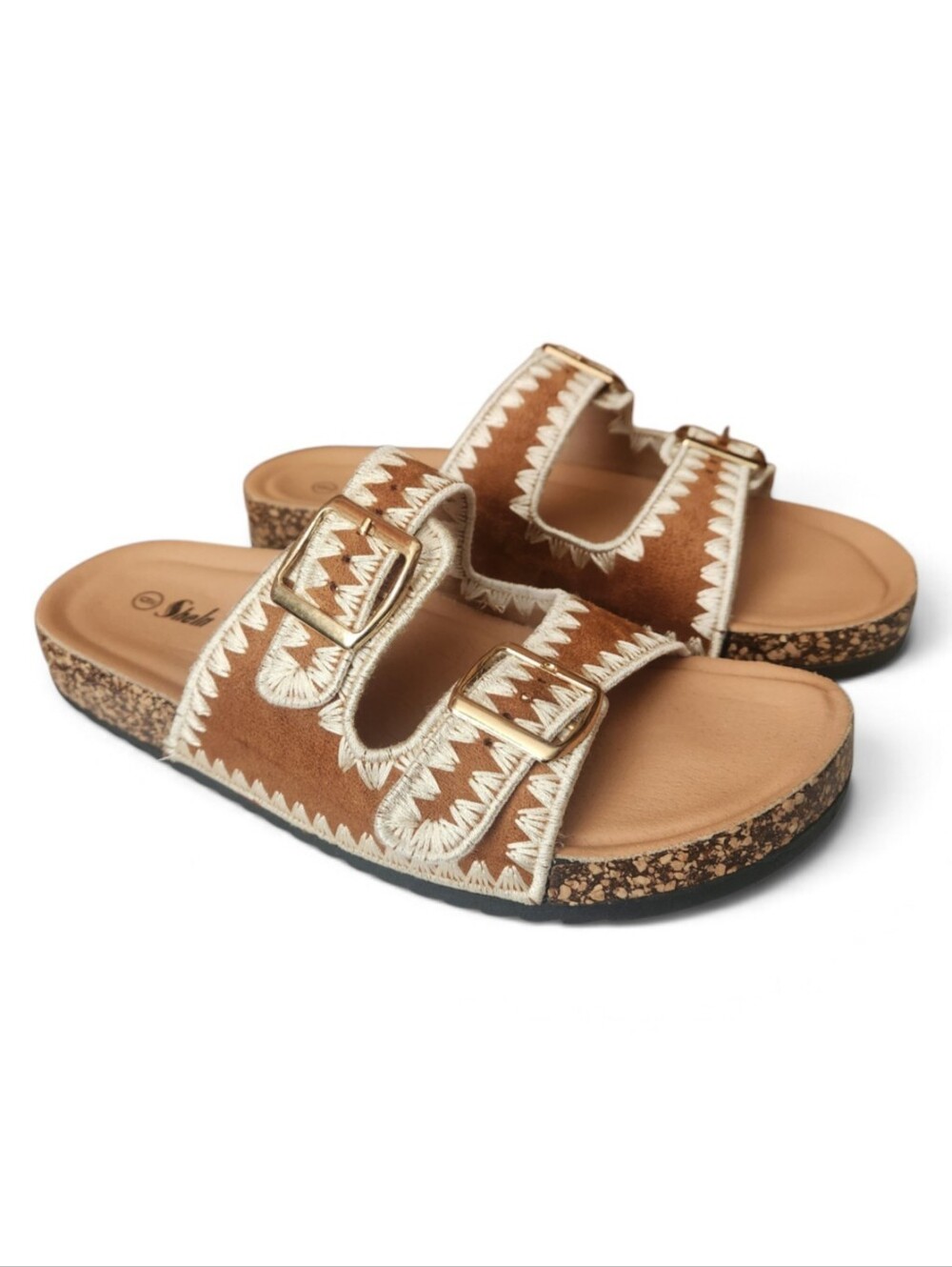 Comfort Cork Slide Sandals Brown with Double Buckle Creme Embroidery Size 9